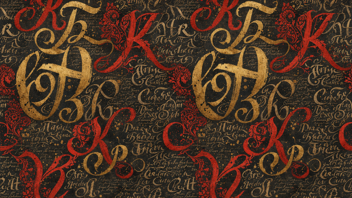 MANUSCRIPT — Baroque calligraphic wall mural with gold and carmine ornaments on dark background