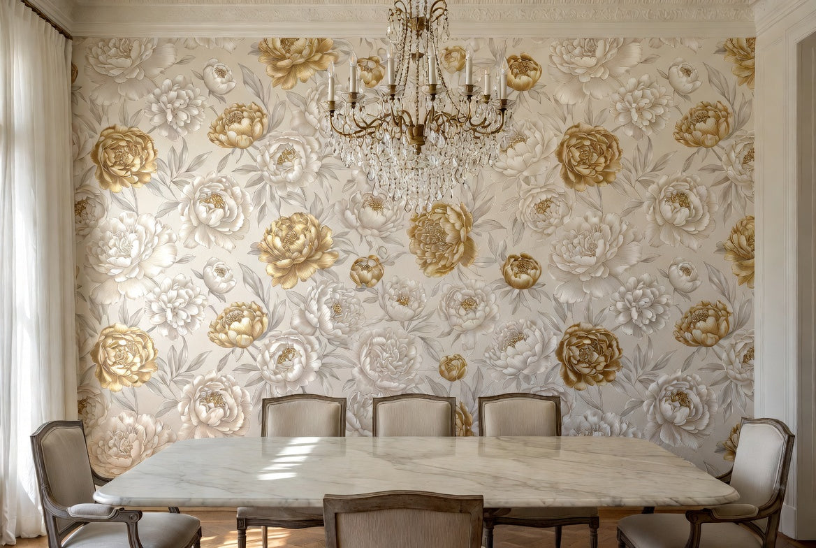 BLOOM / PEONIES — Gold/Cream · Ivory & Gold Peony Wall Mural
