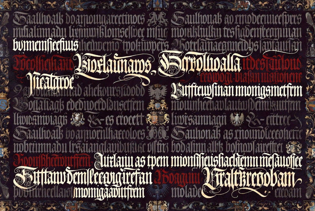 MANUSCRIPT / INK — calligraphic texture with gold and carmine baroque scripts on dark ground