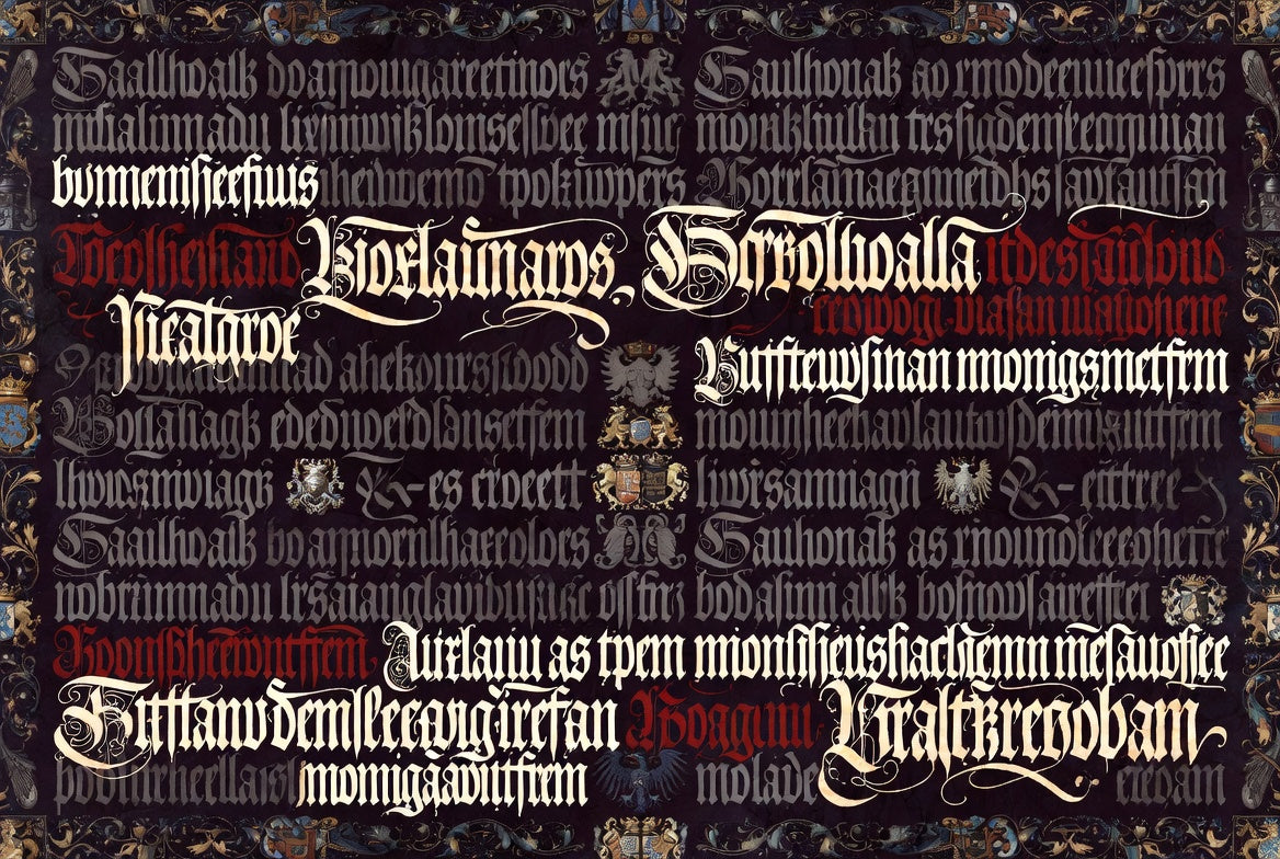 MANUSCRIPT / INK — calligraphic texture with gold and carmine baroque scripts on dark ground