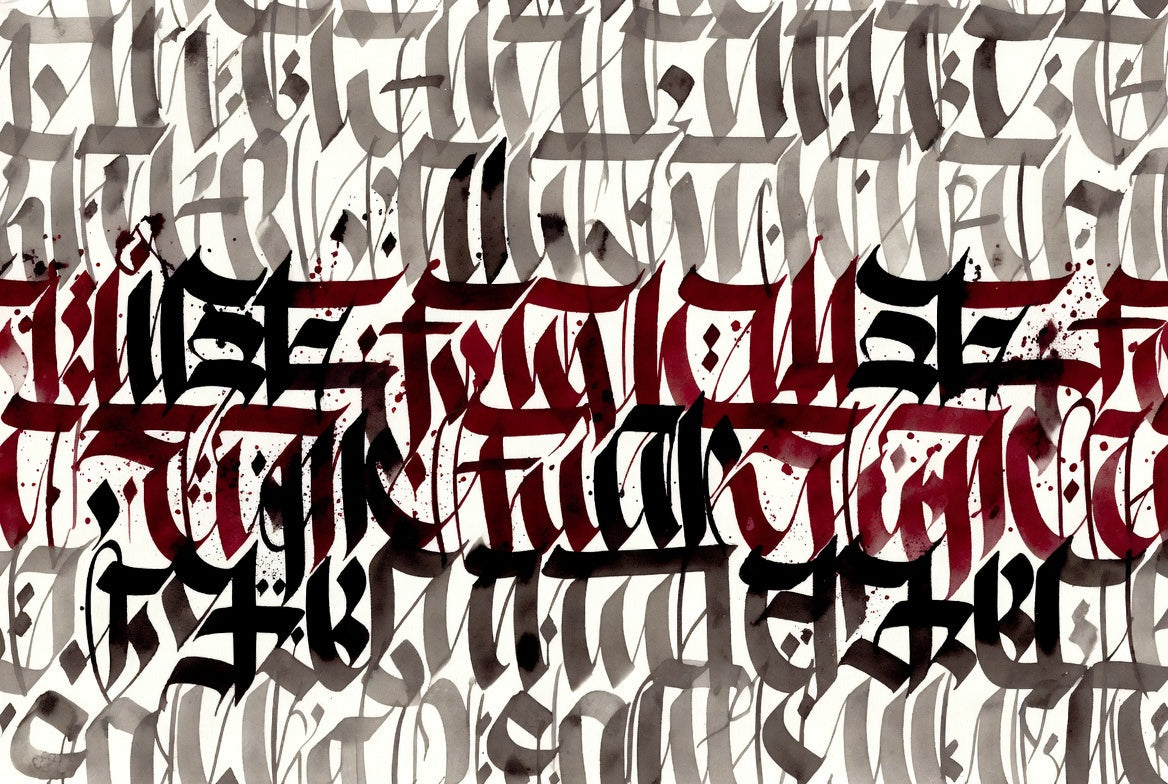 MANUSCRIPT / Skoropys — gestural calligraphic texture with ink and carmine strokes
