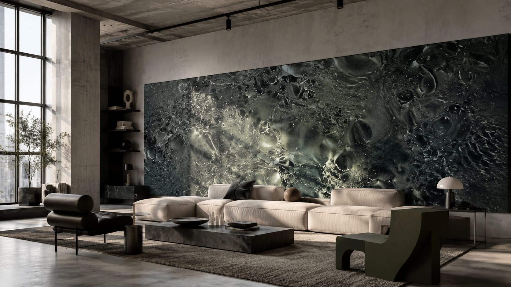 SIGNAL / OBSIDIAN — Fractal Stone Wall Mural