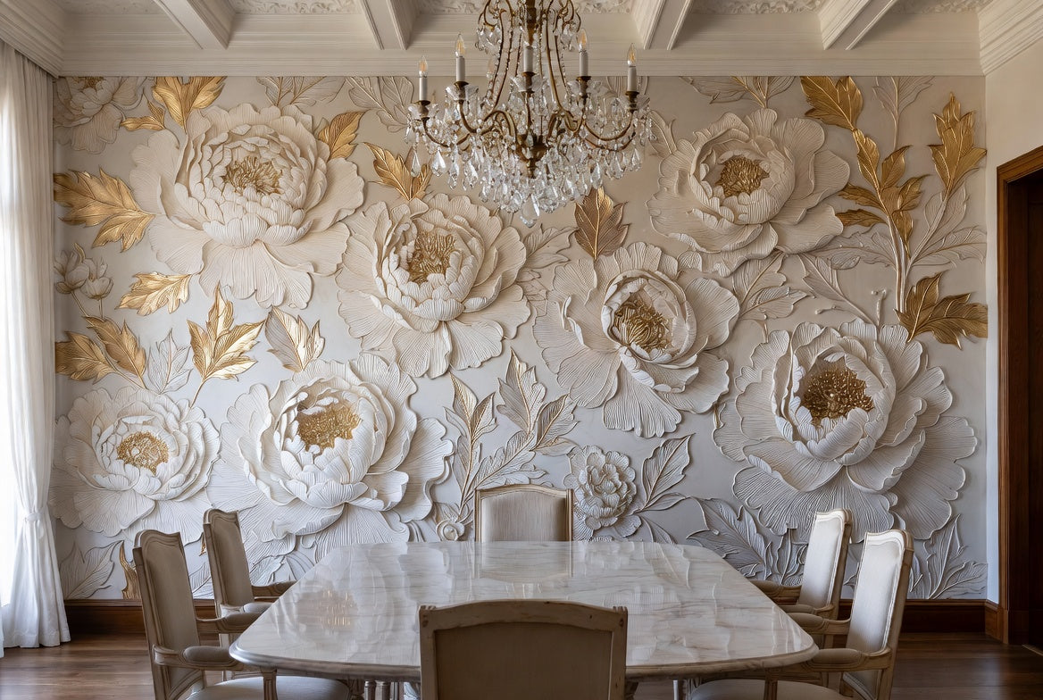 BLOOM / PEONIES — Gold/Cream · Ivory & Gold Peony Wall Mural