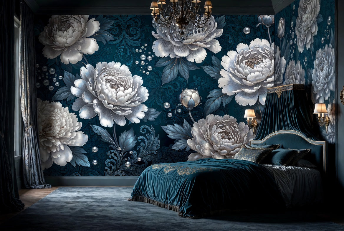 BLOOM / PEONIES — Blue Silver · Teal & Silver Peony Wall Mural