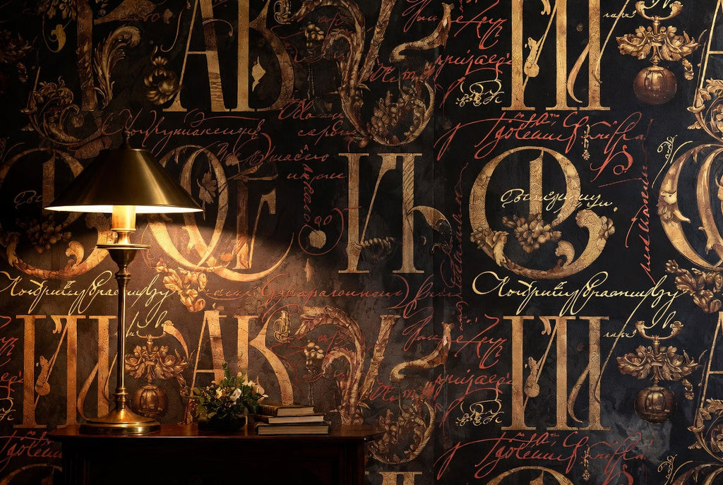 MANUSCRIPT / Gothic — Gothic blackletter wall mural in dark living room with leather armchair