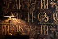 MANUSCRIPT / Gothic — Gothic blackletter wall mural in dark living room with leather armchair