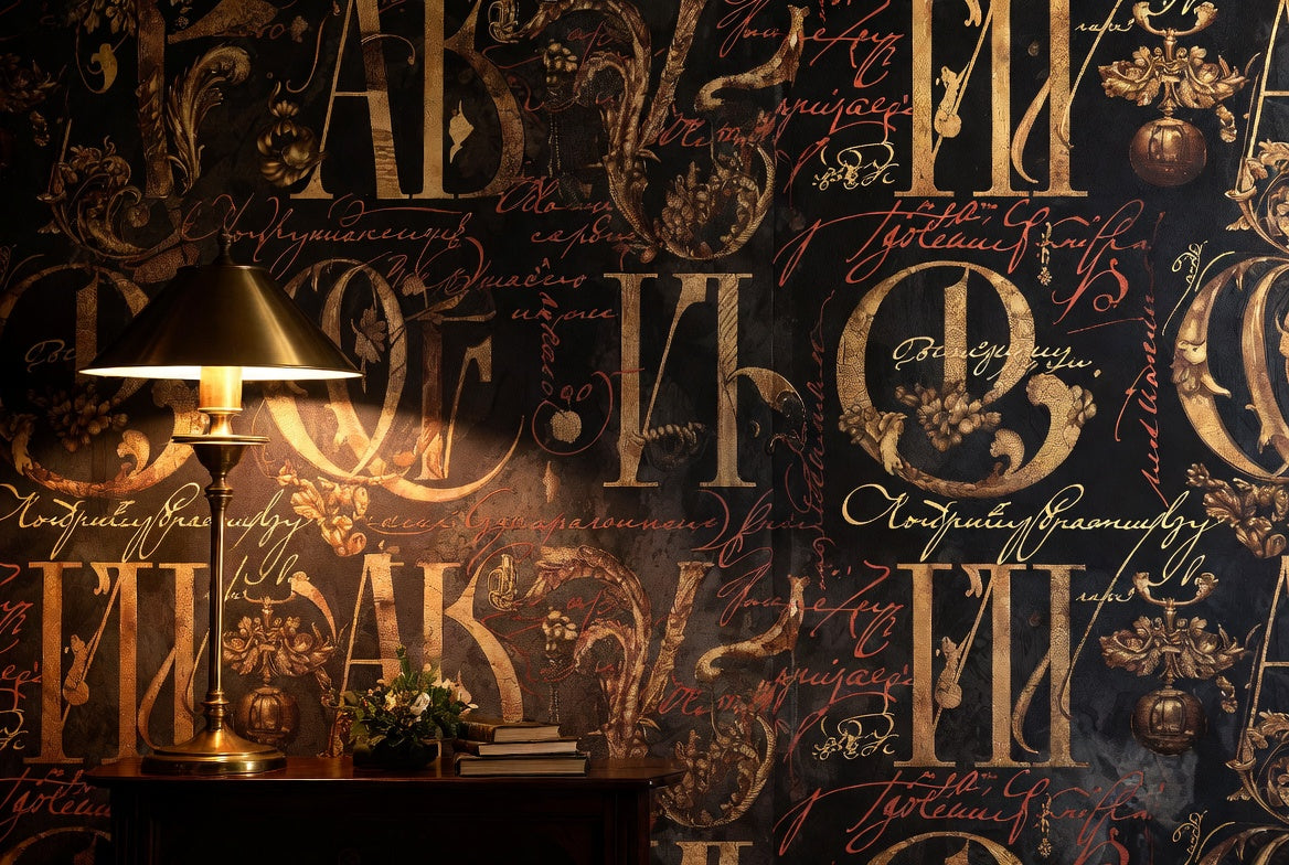 MANUSCRIPT / Gothic — Gothic blackletter wall mural in dark living room with leather armchair