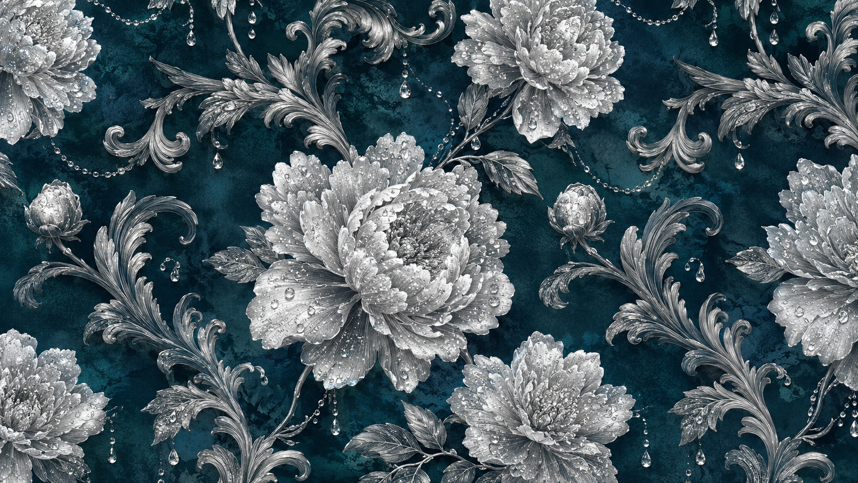 BLOOM / PEONIES — Blue Silver · Teal & Silver Peony Wall Mural