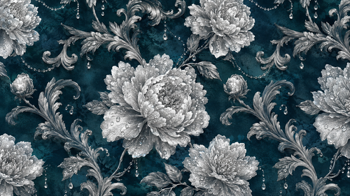 BLOOM / PEONIES — Blue Silver · Teal & Silver Peony Wall Mural