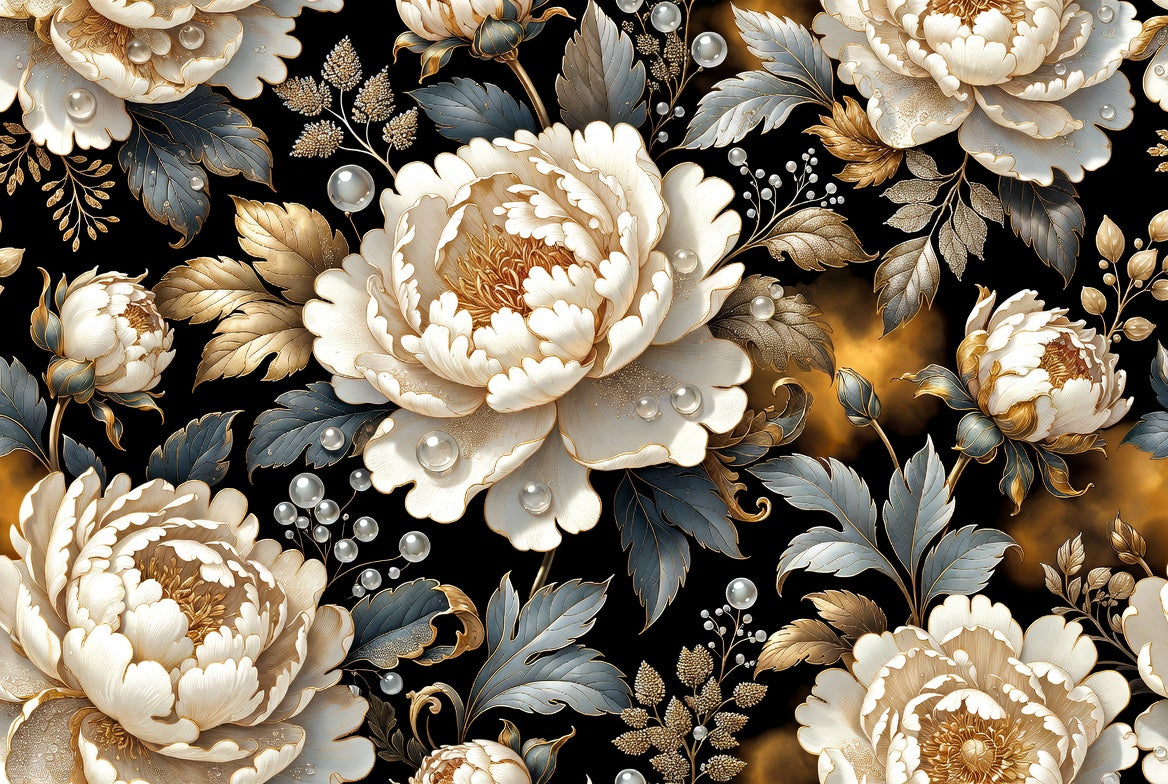 BLOOM / PEONIES — Dark/Pearl · Black & Gold Peony Wall Mural