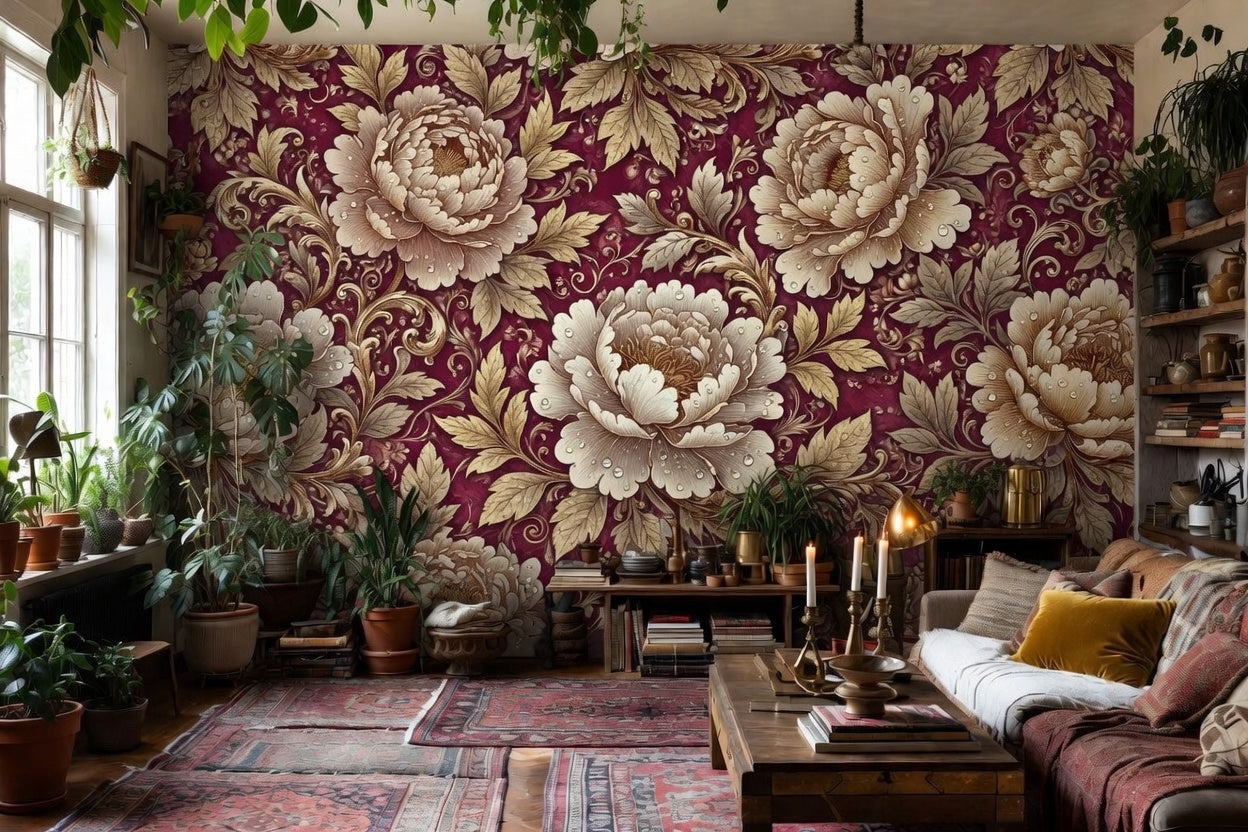 BLOOM / PEONIES — Bordeaux · Crimson Peony Wall Mural