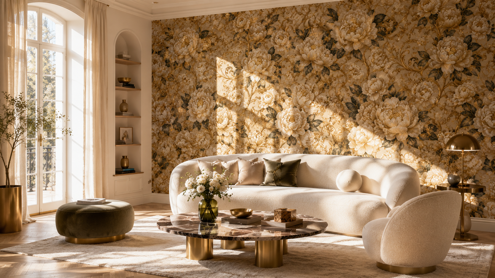 BLOOM / PEONIES — Gold/Cream · Ivory & Gold Peony Wall Mural