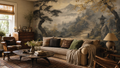 MIST / Twilight Retreat — Japanese landscape wall mural in dark interior with chaise lounge