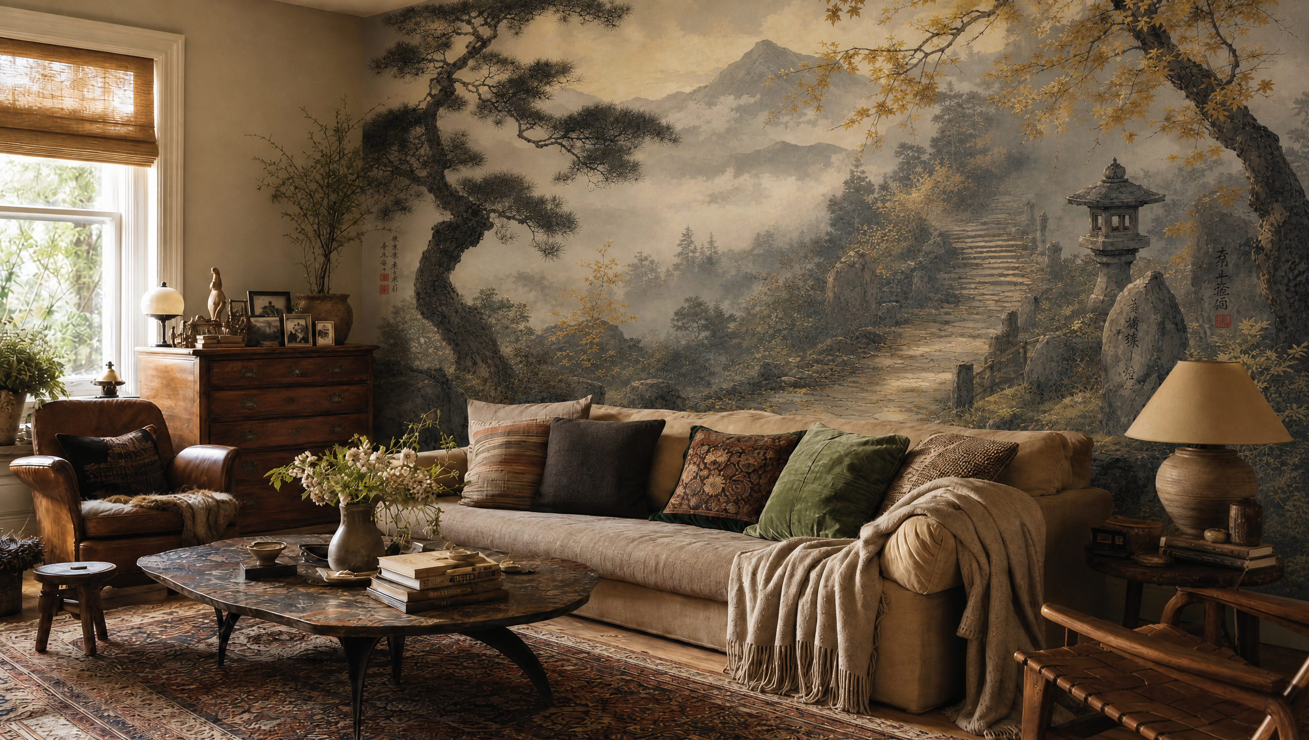 MIST / Twilight Retreat — Japanese landscape wall mural in dark interior with chaise lounge