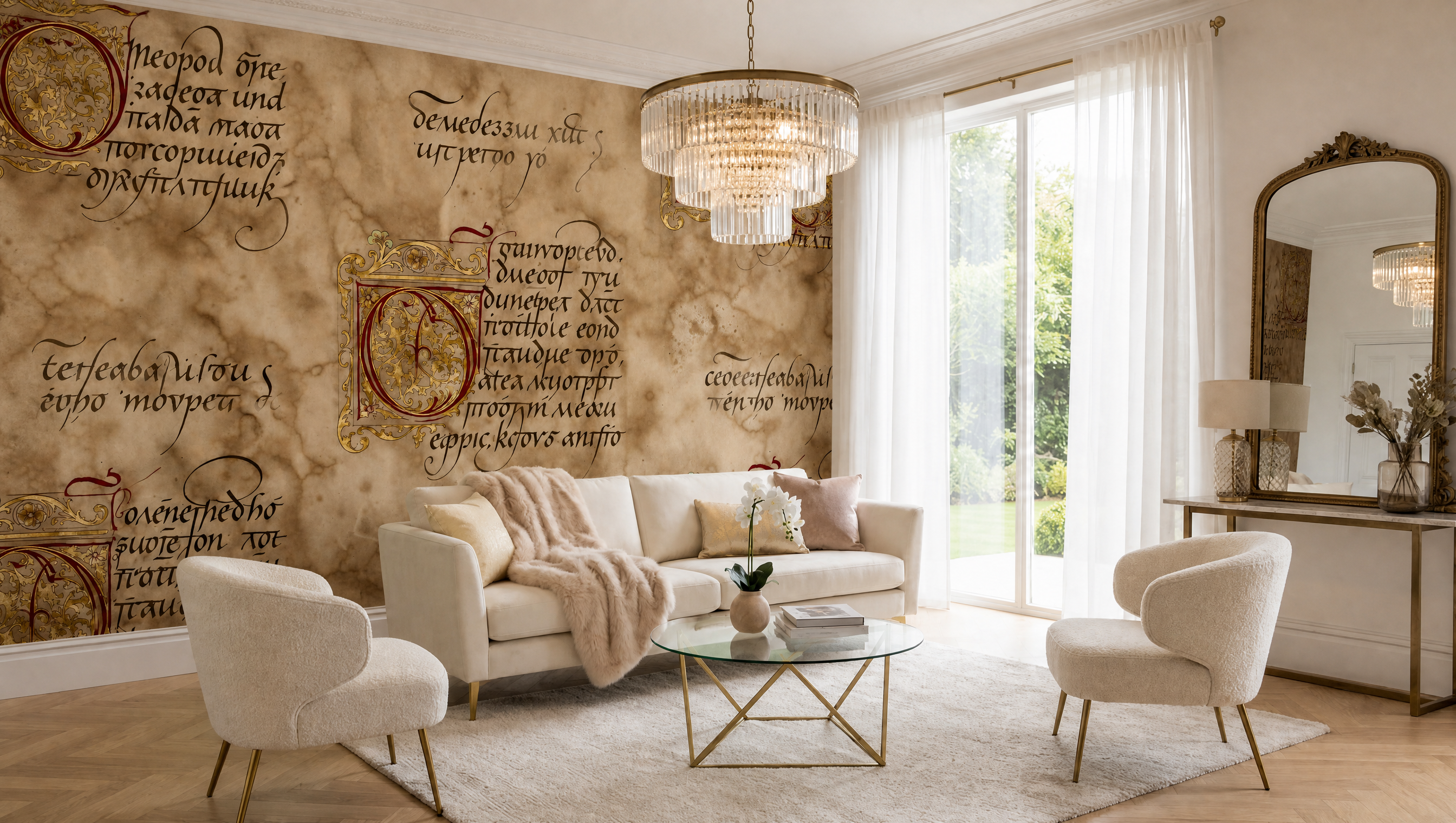 MANUSCRIPT / Parchment — illuminated manuscript wall mural in bright living room with white sofas